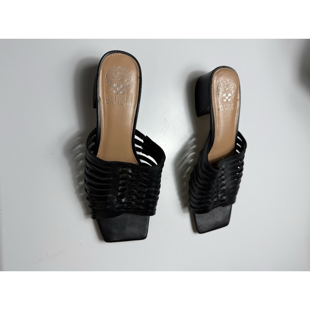 Vince Camuto Black Woven Leather Square Toe Heeled Sandals Mules Slides Size 9.5